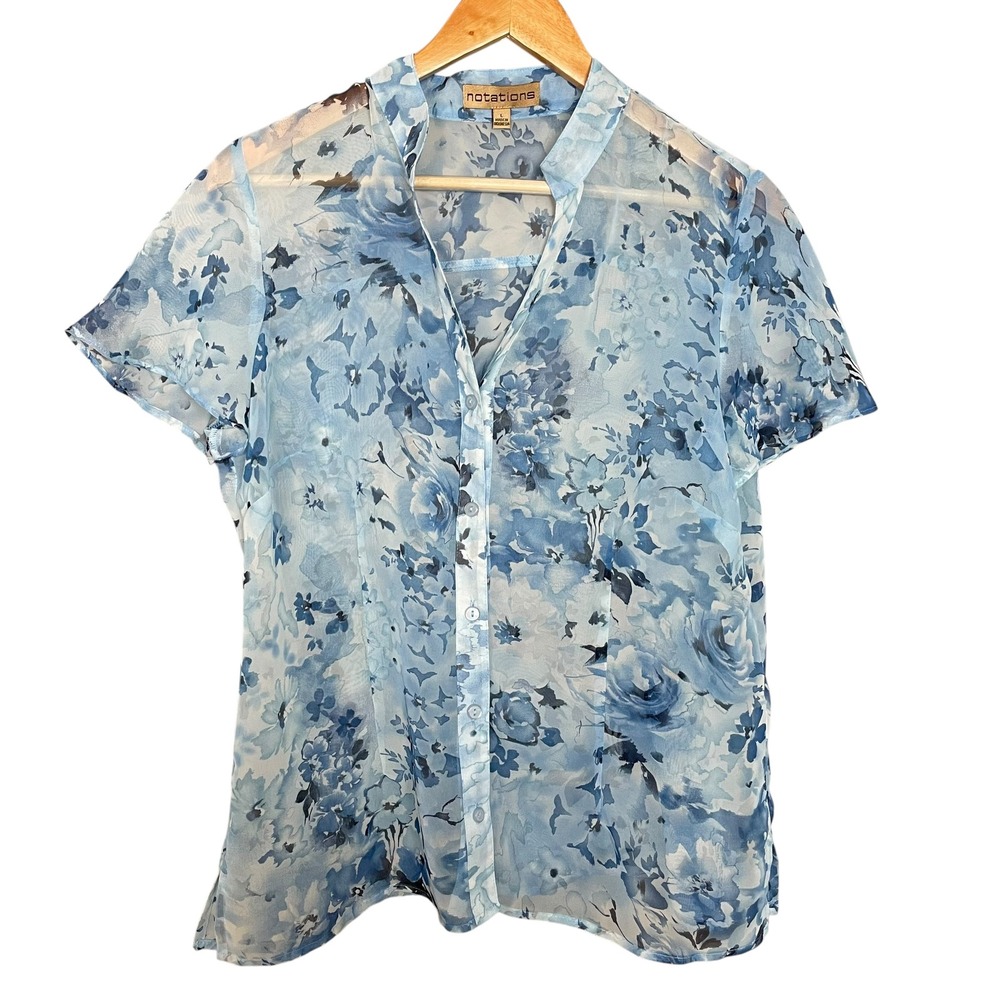 Vintage Sheer Floral Blouse Button Up Women Top Size Large Blue Short Sleeve 00s